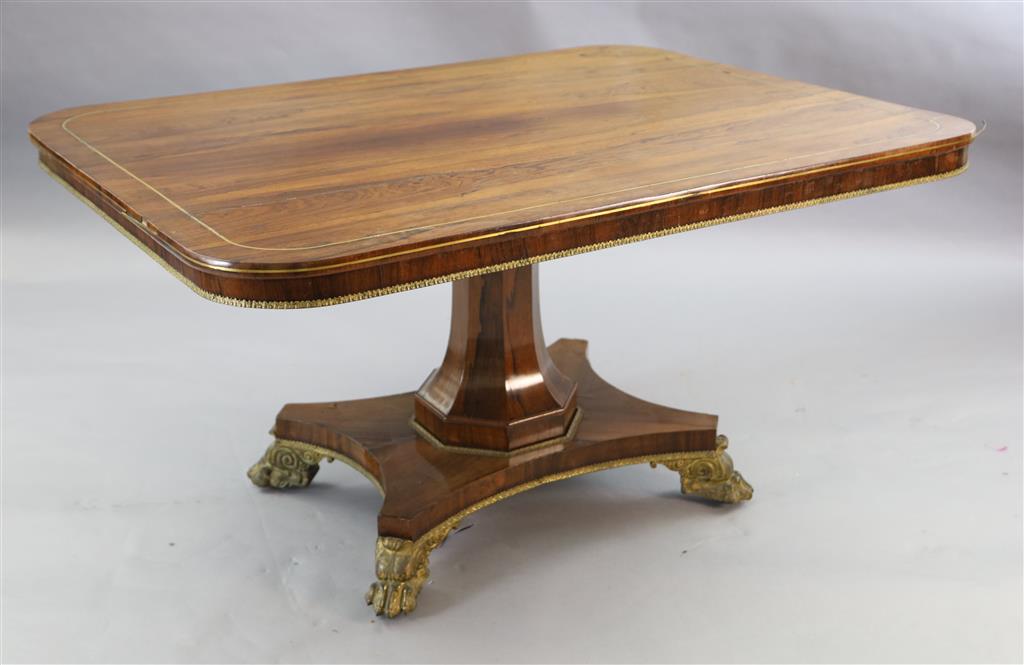 A Regency brass mounted rosewood breakfast table, W.4ft 6in. D.3ft 6in. H.2ft 6in.